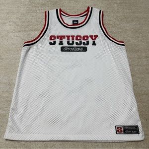 Stussy White Mesh Basketball Tank Top with Red & Black Trim
